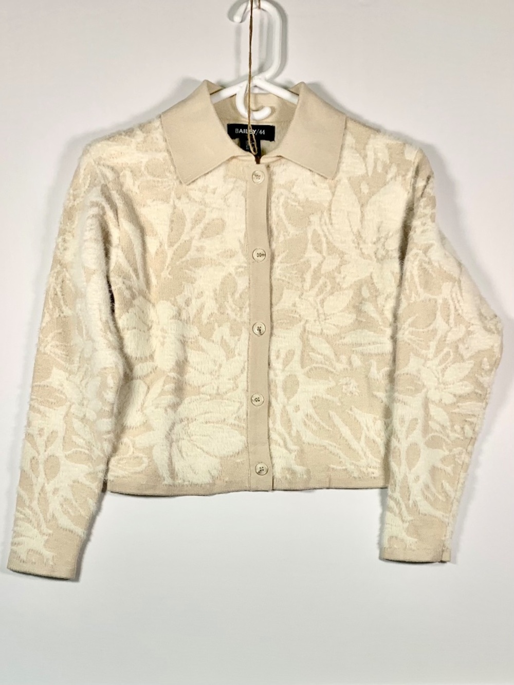 BAILEY/44 Buttery Soft Cardigan Sweater Textured Floral Tan Cream Long Sleeve